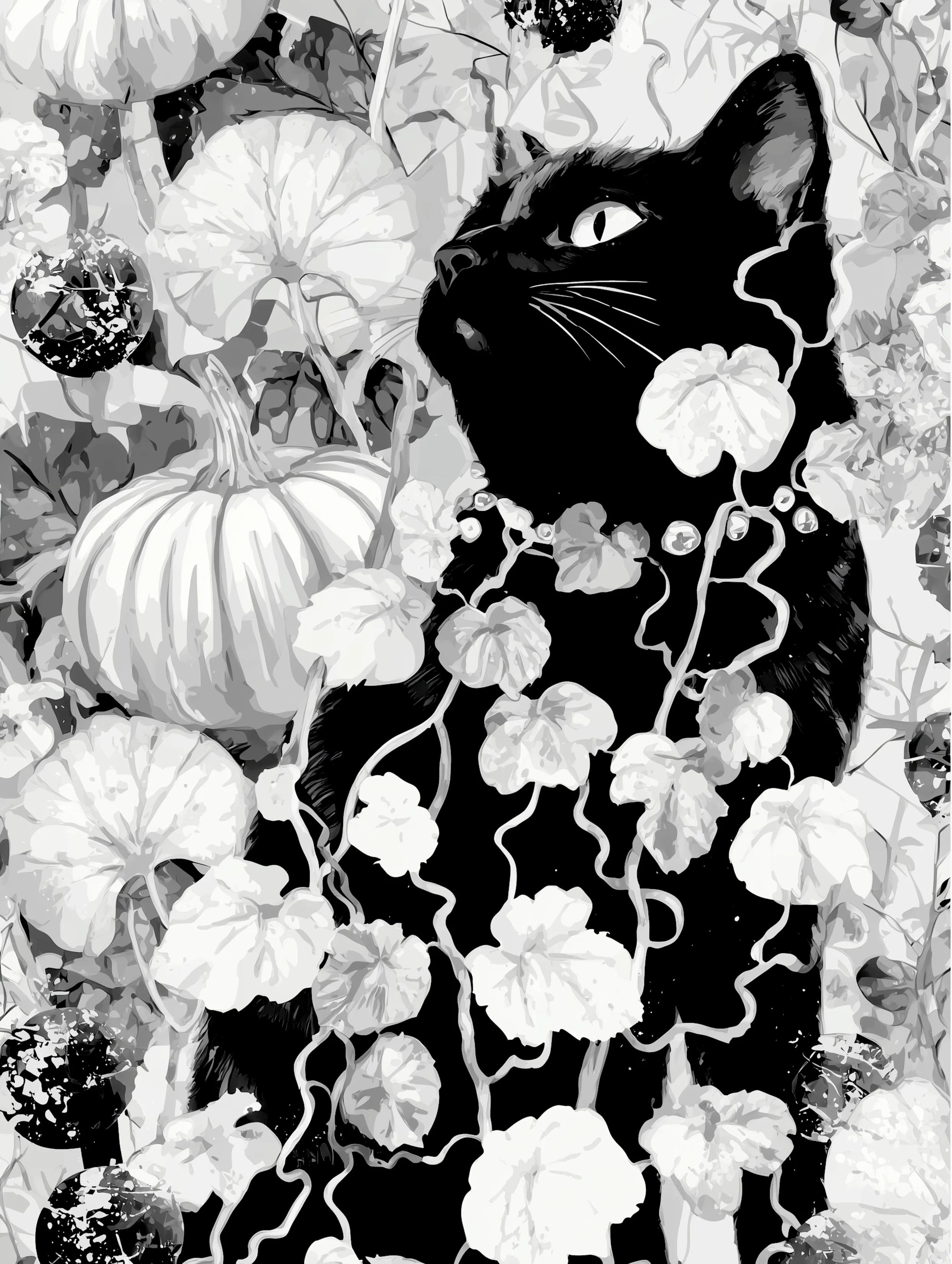 Free printable black cat coloring page for adults featuring fall theme vine covered black cat